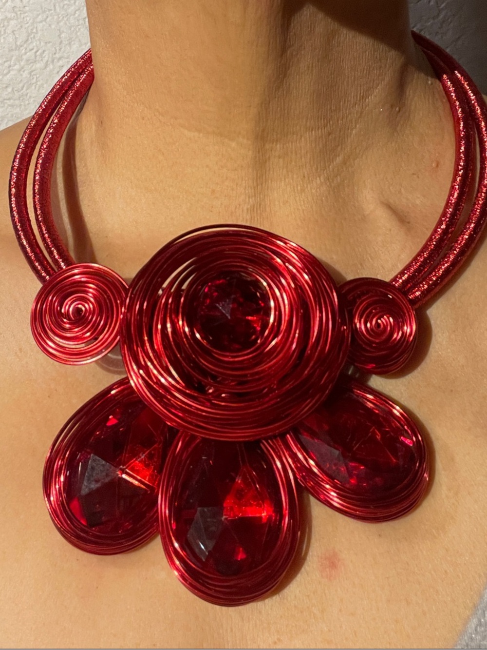 Amazing Red WIRE ARTISAN Statement Flower Necklace and Earrings Set One of Kind